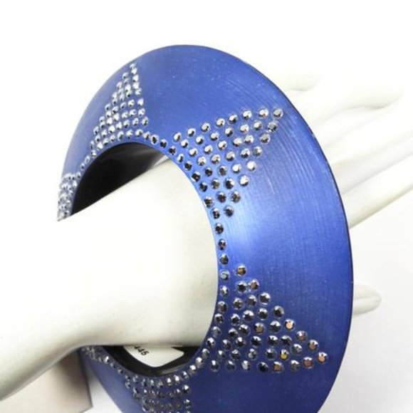 ALEXIS BITTAR Blue Lucite Silver Swarovski Crystal Wide Bangle Bracelet - Picture 6 of 9